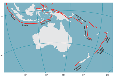 Subduction zones along tectonic plate boundaries